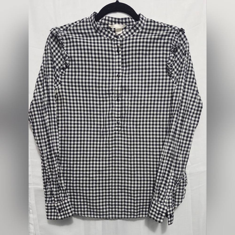 H&M brand, long-sleeved gingham blouse in black and white.